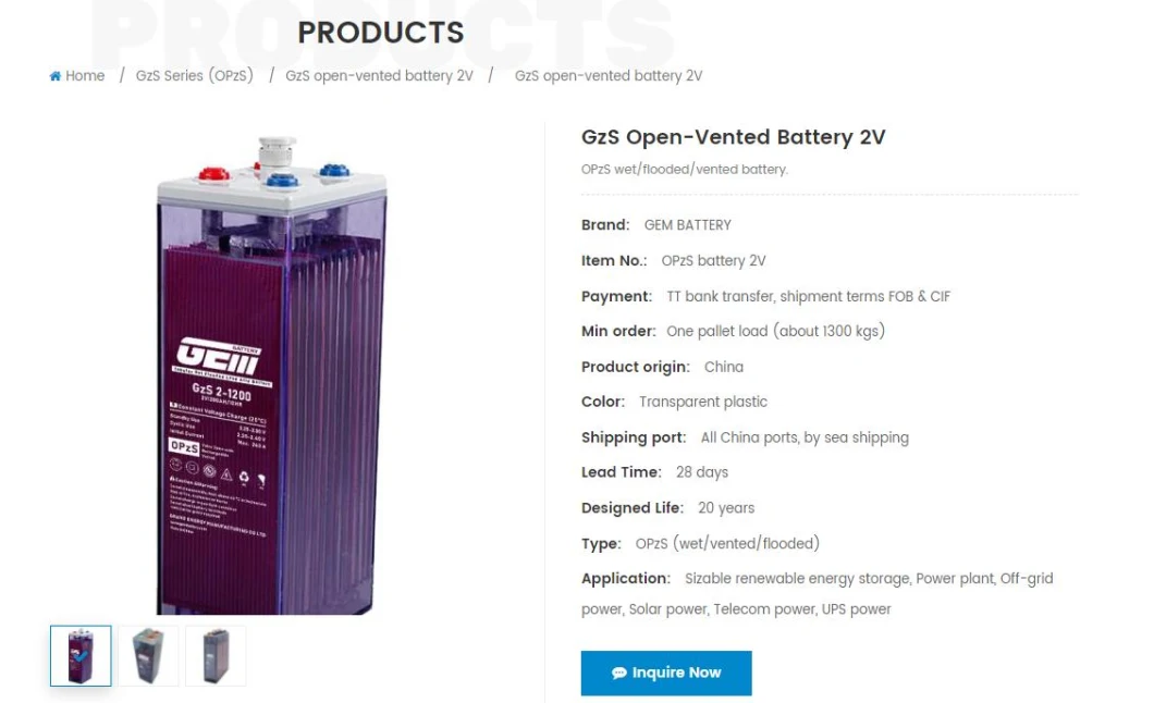 GEM Battery I GzS Series High quality Flooded-Vented-Wet batteries OPzS 2V 1000Ah